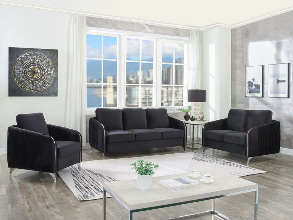89726-SL 2 pc Hathaway black velvet fabric sofa and love seat set with pleated sides and metal legs