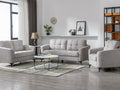 89727LG 2 pc Callie light grey woven fabric sofa and love seat set with tufted seat and back black metal legs