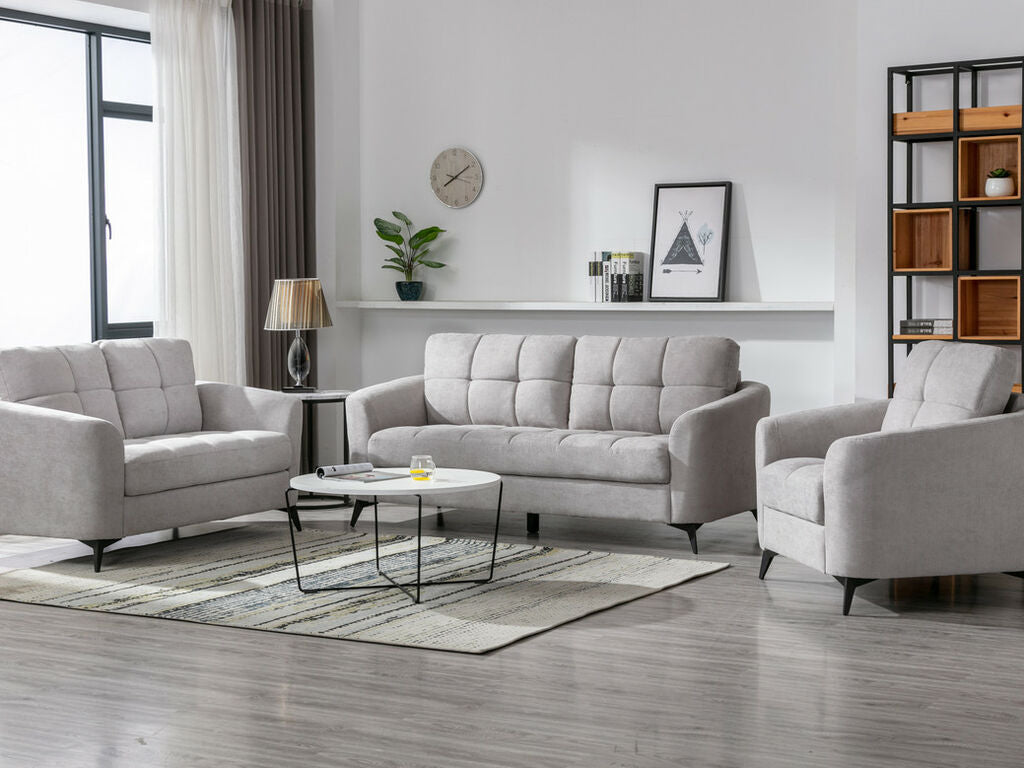 89727LG 2 pc Callie light grey woven fabric sofa and love seat set with tufted seat and back black metal legs
