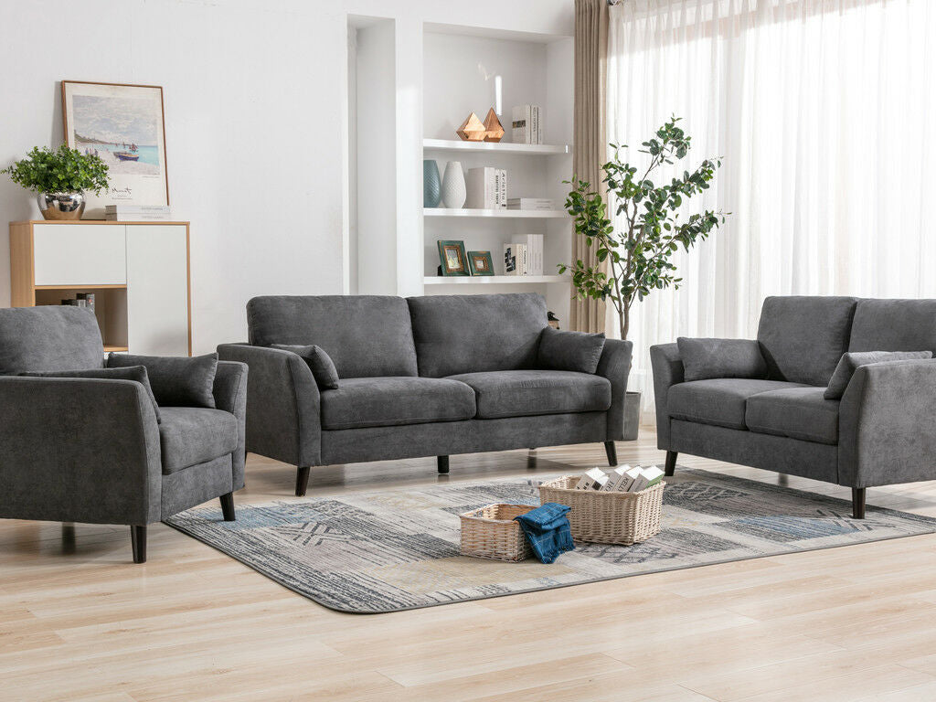 89728 2 pc Damian grey woven fabric sofa and love seat set with dark brown wood legs