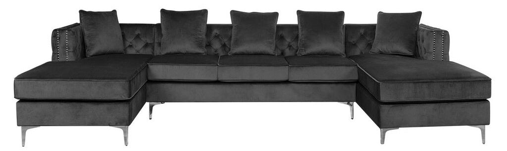 87841GY 3 pc Ryan dark grey tufted velvet fabric sectional sofa with double chaise and chrome legs