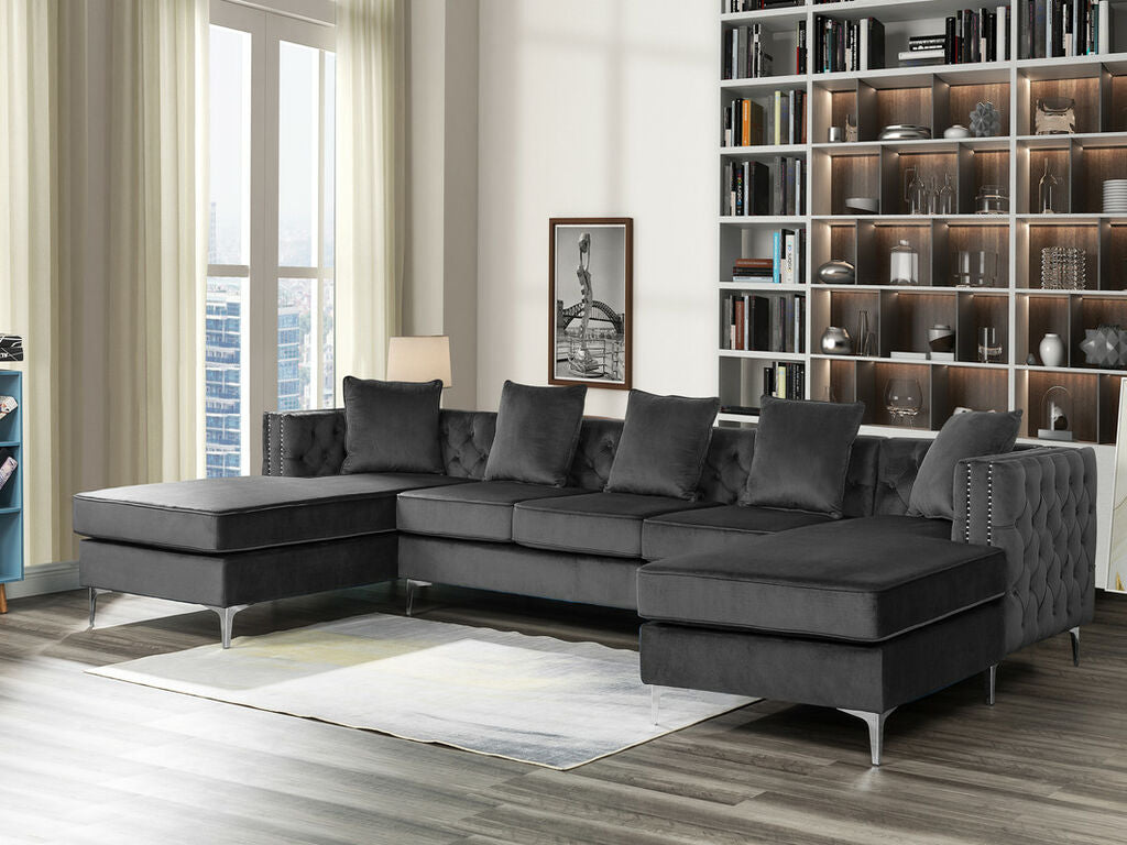 87841GY 3 pc Ryan dark grey tufted velvet fabric sectional sofa with double chaise and chrome legs