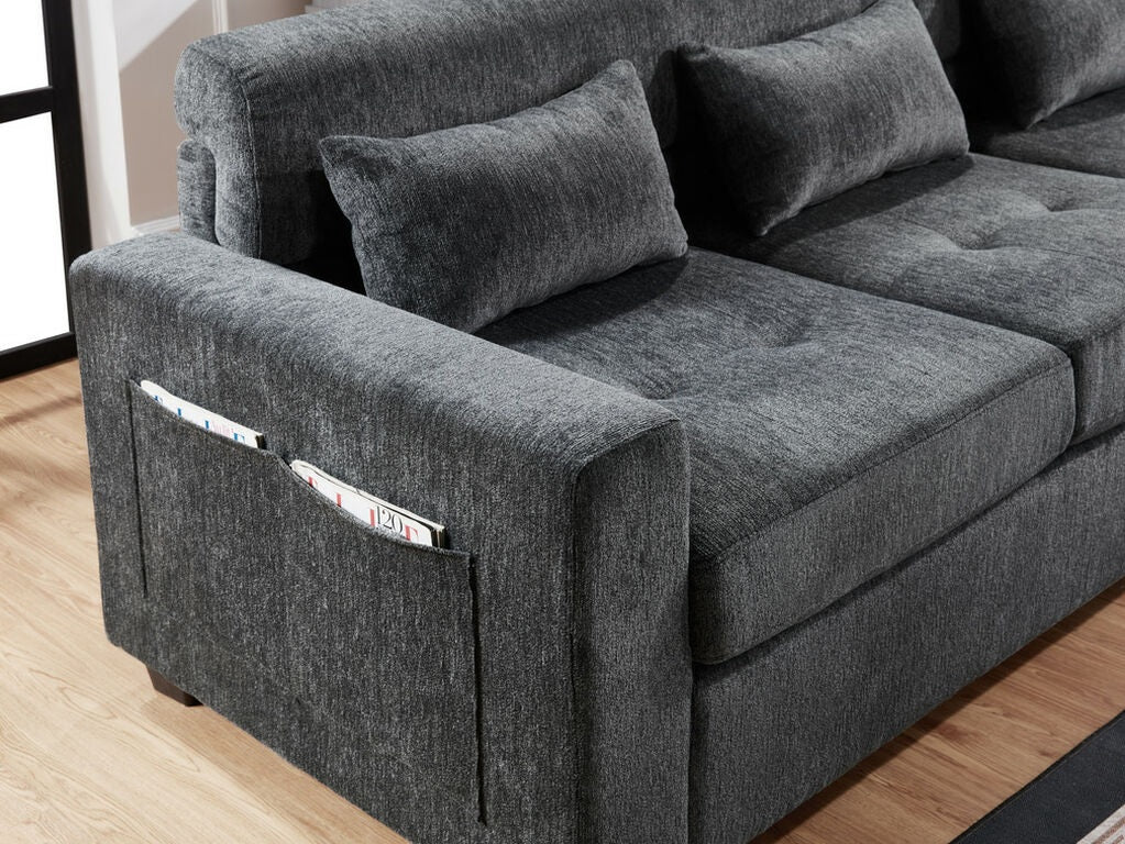 89306 3 pc Trey grey chenille fabric 115" sectional sofa set with adjustable headrests USB charging and storage ottoman