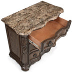 B1640 4 pc Ludwig rich brown finish wood padded upholstered nail head trim headboard bedroom set with marble tops