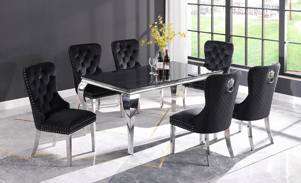 9001-9008BK 7 pc Blaisdell chrome plated metal legs black glass top dining table set with black velvet chairs