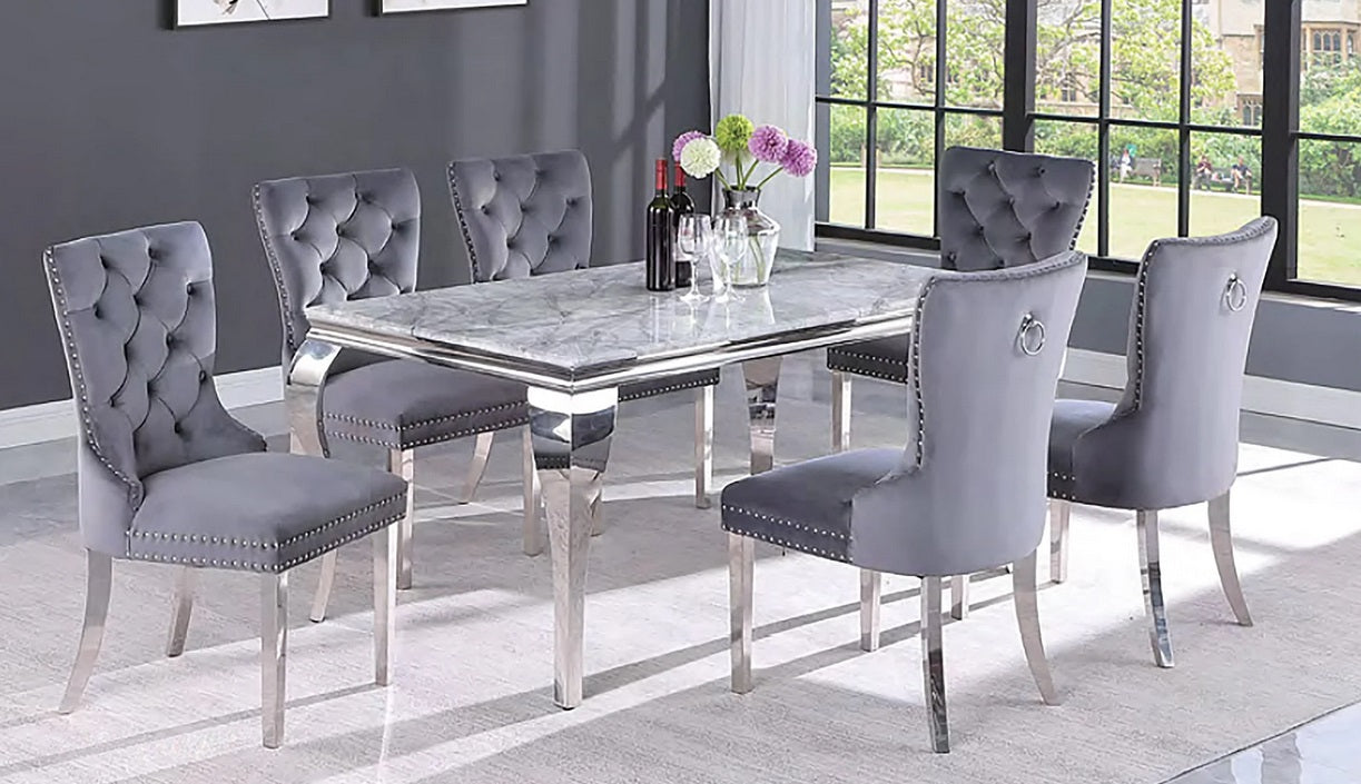 9002-9007GY 7 pc Blaisdell chrome plated metal legs white marble top dining table set with grey velvet chairs