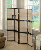 Coaster 900166 Red barrel studio moultry 4 panel espresso finish wood room divider shoji screen with center shelves