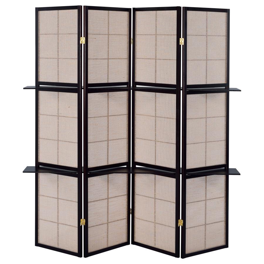 Coaster 900166 Red barrel studio moultry 4 panel espresso finish wood room divider shoji screen with center shelves