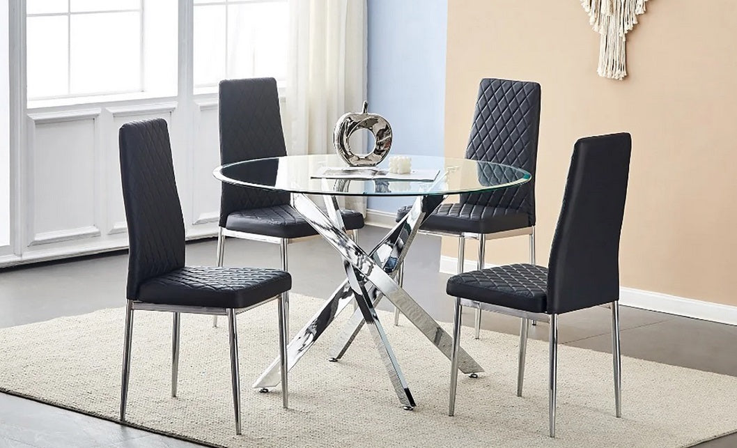9003-9004BK 5 pc Blaisdell chrome plated metal legs 43.5" Dia glass top dining table set with black faux leather chairs