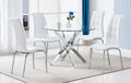 9003A-9010WH 5 pc Blaisdell chrome plated metal legs 45" Dia glass top dining table set with white faux leather chairs