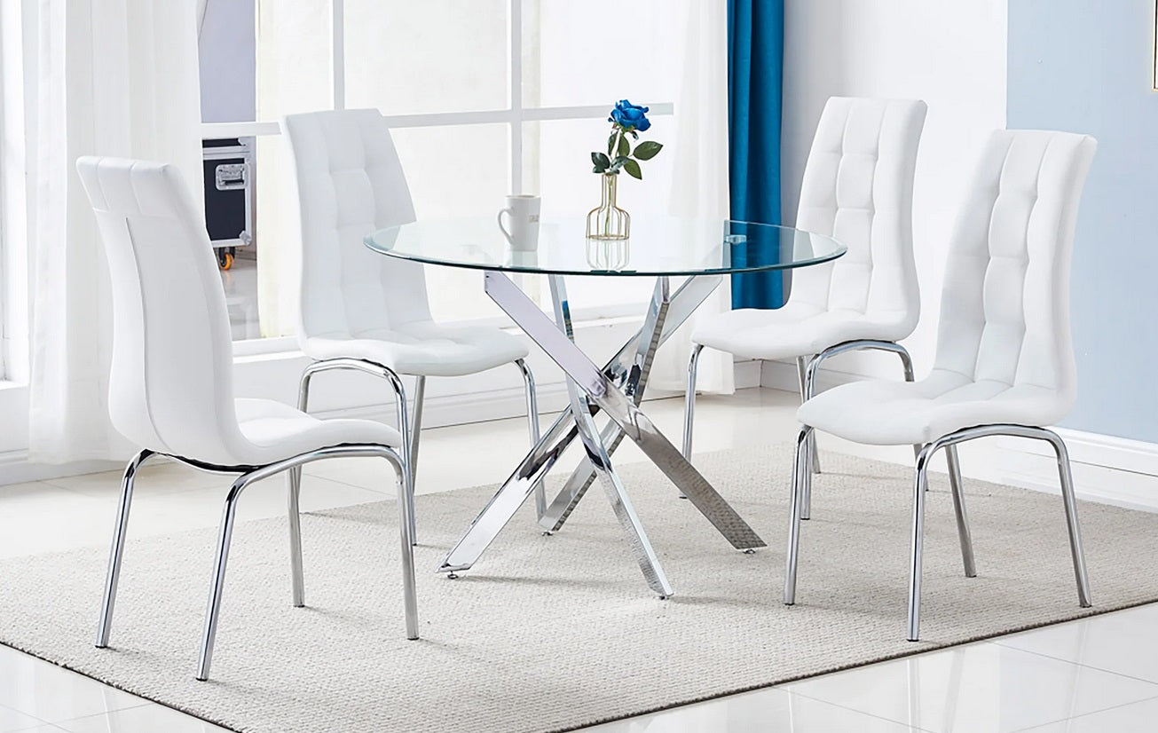 9003A-9010WH 5 pc Blaisdell chrome plated metal legs 45" Dia glass top dining table set with white faux leather chairs