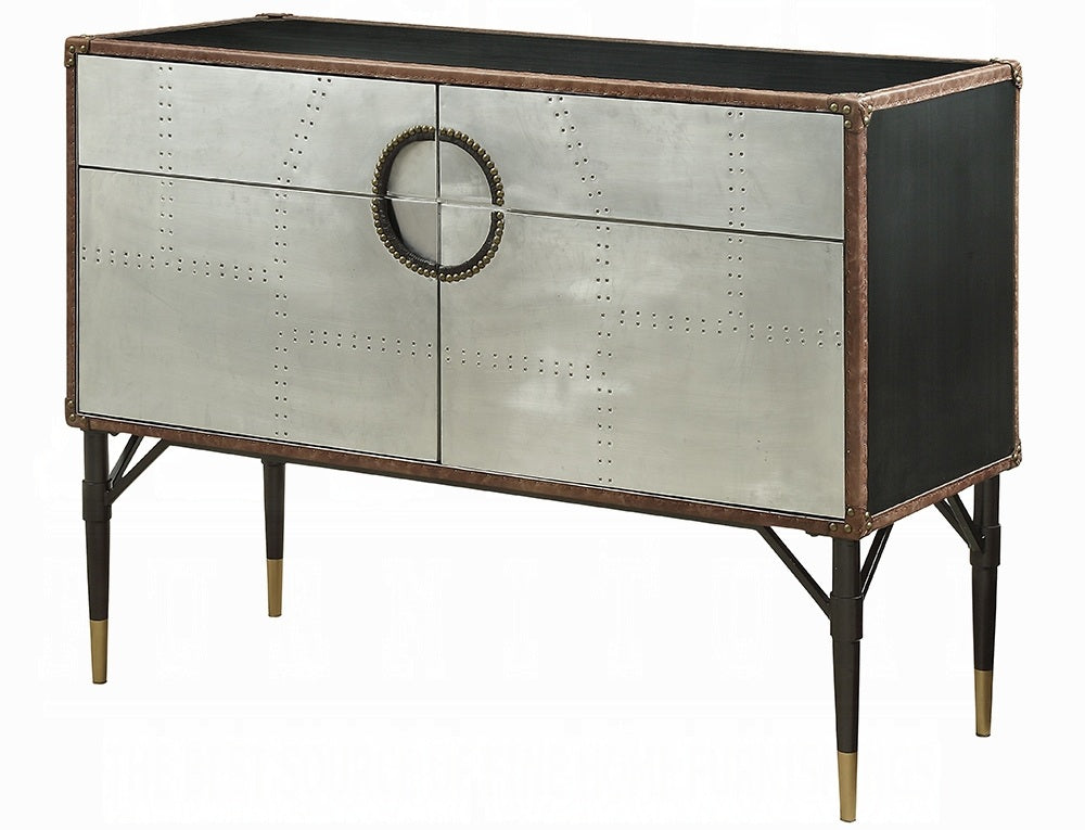 Acme 90030 Brancaster top grain leather and aluminum console entry hall sideboard cabinet