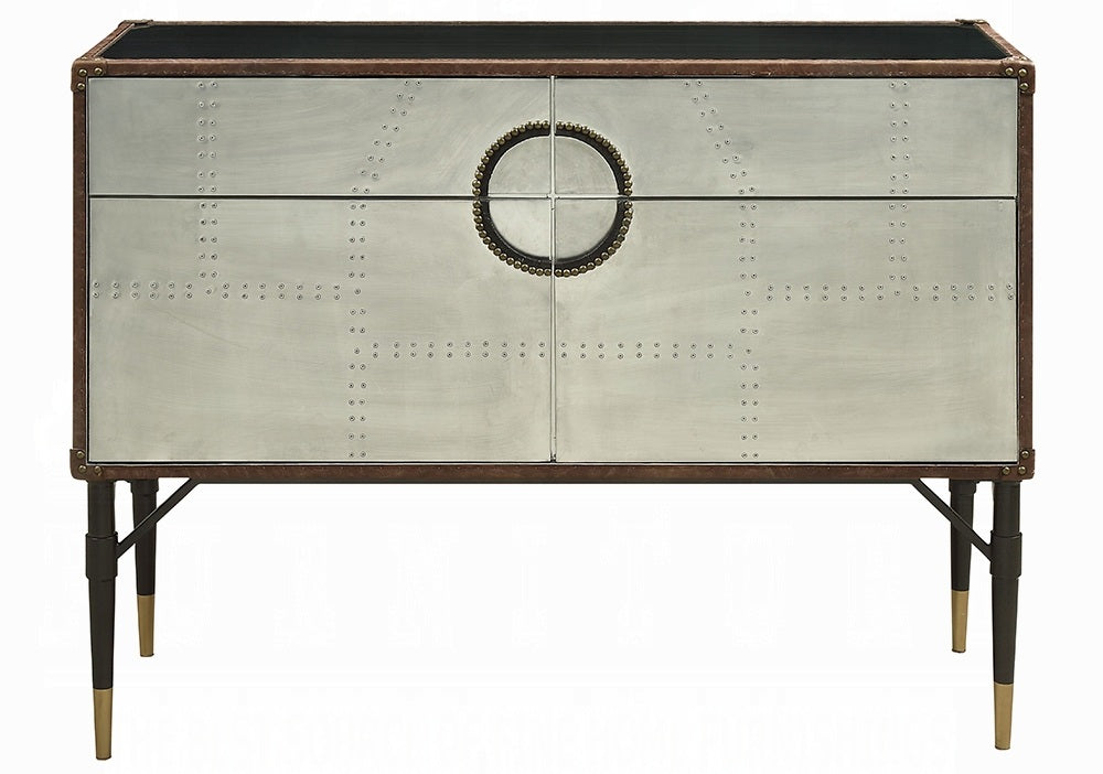 Acme 90030 Brancaster top grain leather and aluminum console entry hall sideboard cabinet