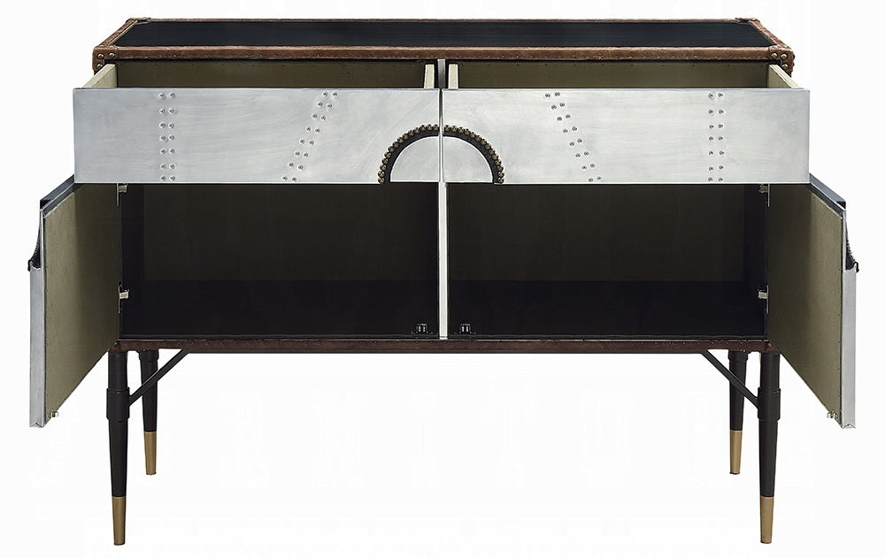 Acme 90030 Brancaster top grain leather and aluminum console entry hall sideboard cabinet