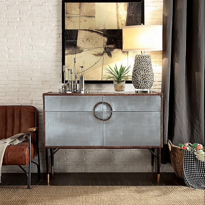 Acme 90030 Brancaster top grain leather and aluminum console entry hall sideboard cabinet