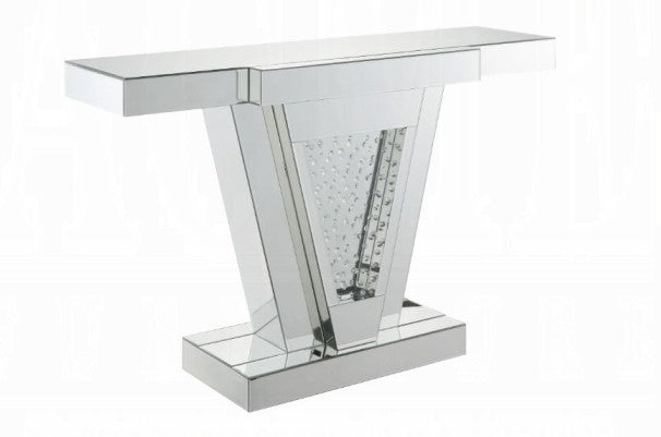 Acme 90064 Nysa glam mirrored faux crystals glass top sofa entry hall console table V shaped