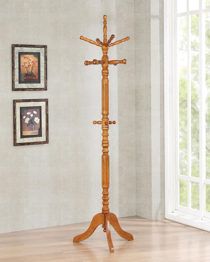 Coaster 900759 Byngham tobacco brown finish wood coat rack with multiple spindle hooks