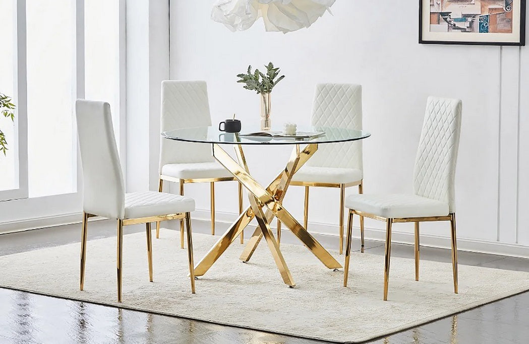 9009-9004WH 5 pc Blaisdell gold plated metal legs 43.5" Dia glass top dining table set with white faux leather chairs