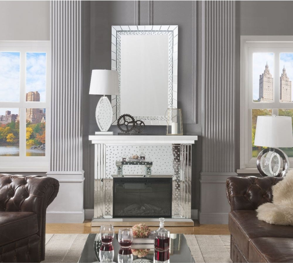 Acme 90204 Everly quinn albaugh noralie mirrored 48" Fireplace with faux diamond inlay
