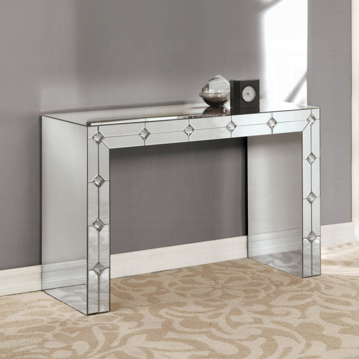 Acme 90242 Nysa glam mirrored faux crystals glass top sofa entry hall console table diamond accent