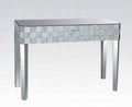 Acme 90244 Nysa glam mirrored mother of pearl inlay glass top sofa entry hall console table checker pattern
