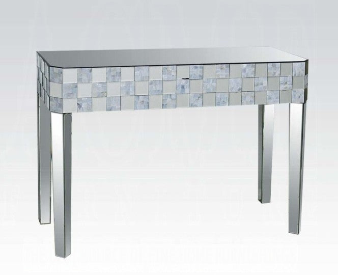 Acme 90244 Nysa glam mirrored mother of pearl inlay glass top sofa entry hall console table checker pattern