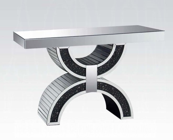 Acme 90248 Nysa glam mirrored faux crystals glass top sofa entry hall console table half circles base