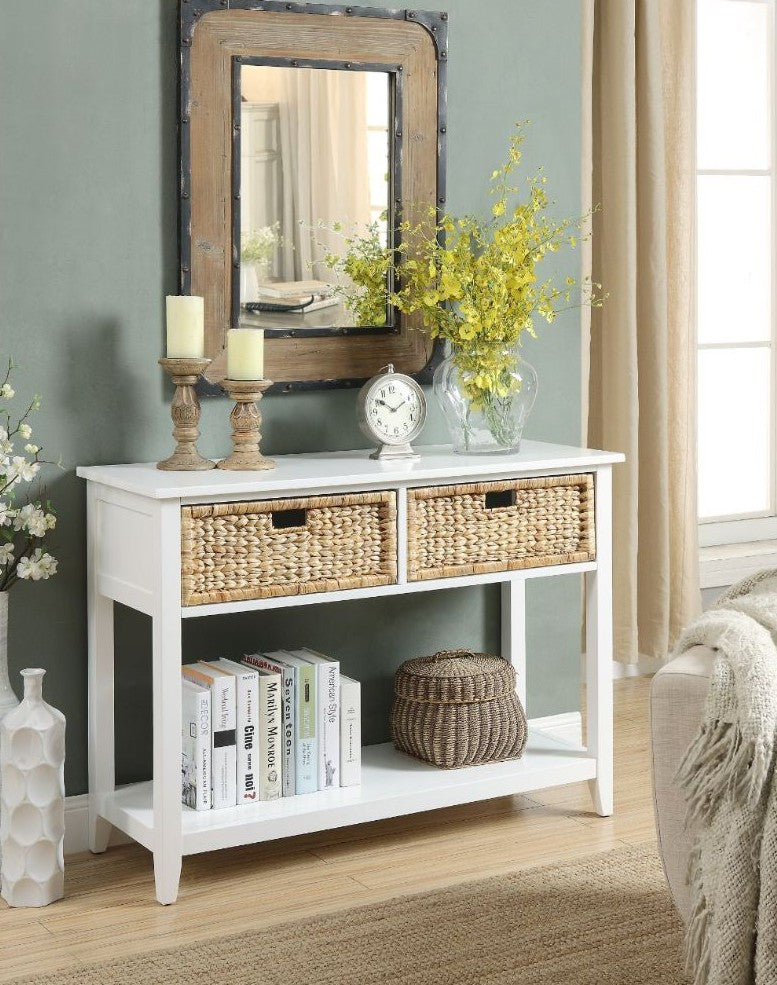 Acme 90262 Flavius white finish wood hall entry console table with drawers with basket fronts