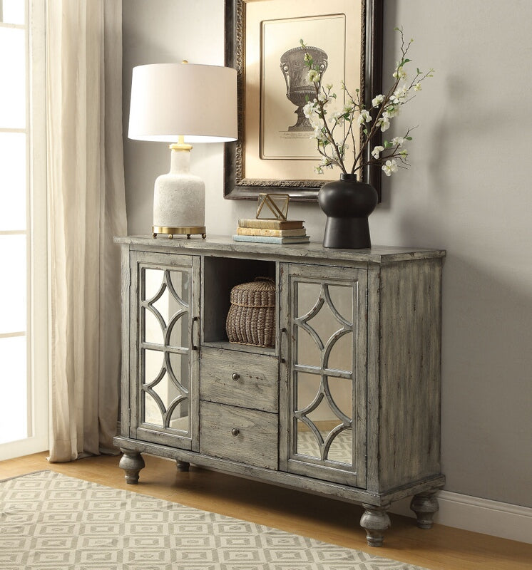 Acme 90282 Velika weathered gray finish wood mirror fronts hall console table