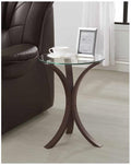 Coaster 902867 Ebern designs cashin espresso finish wood with round glass top chair side end table