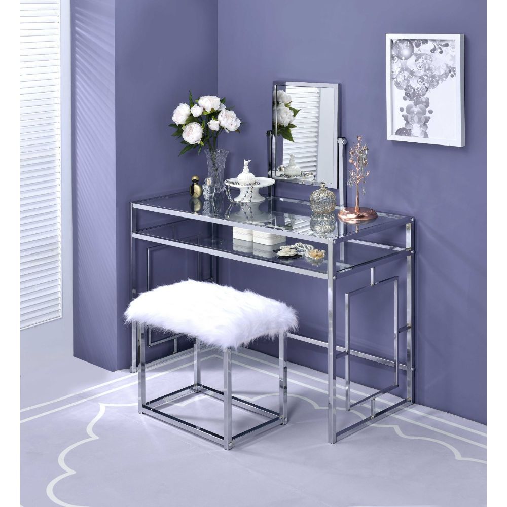 Acme 90314 3 pc Mercer 41 ballesteros carenze II clear glass and chrome frame vanity / desk set