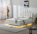 9031W Illian white teddy bear velvet boucle fabric upholstered feather blend queen platform bed with LED lighting