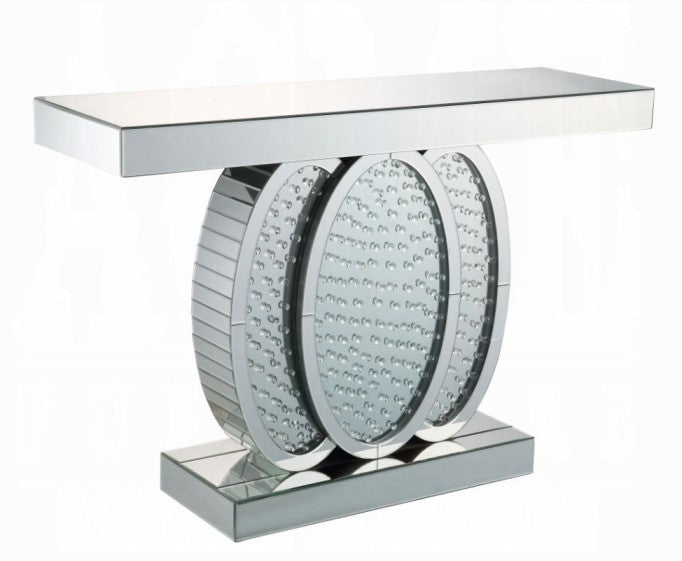 Acme 90320 Nysa glam mirrored faux crystals glass top sofa entry hall console table triple oval