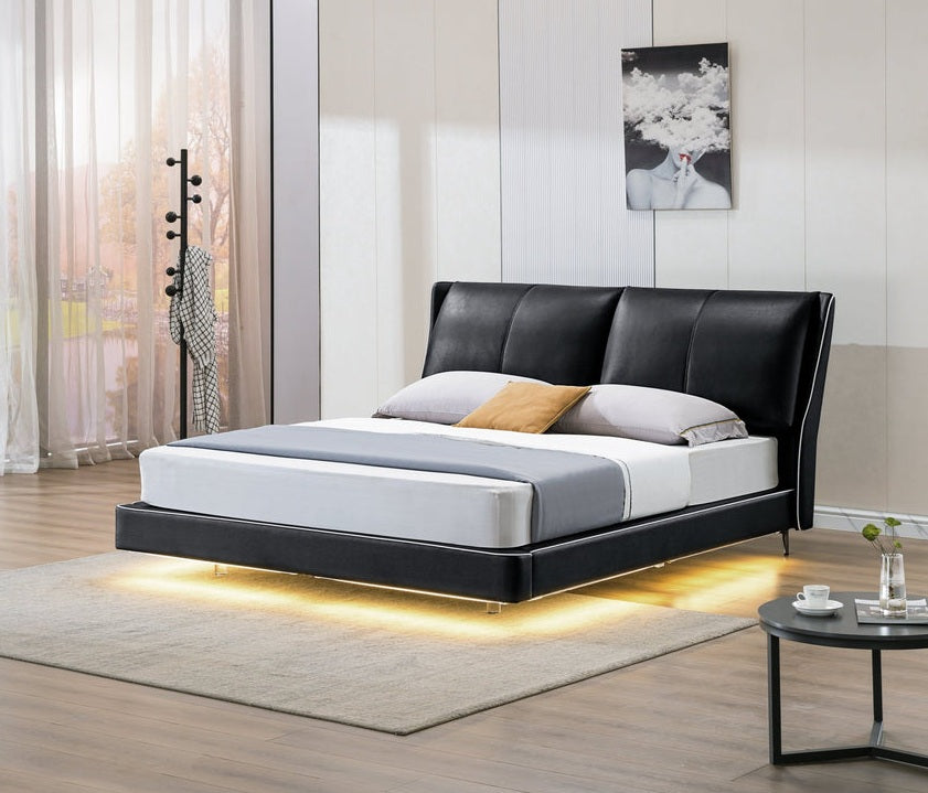 9033B Iriany black faux leather upholstered feather blend tufted headboard queen platform bed with LED lighting