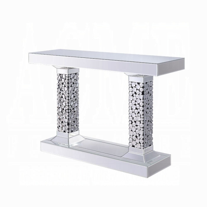 Acme 90446 Nysa glam mirrored faux gems glass top sofa entry hall console table double pillar