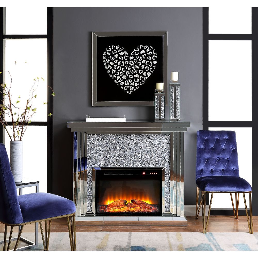 Acme 90455 Everly quinn albaugh noralie mirrored 48" Fireplace with faux diamond inlay