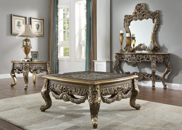 Homey Design HD-905-BR-3PC Antique bronze with golden hue finish wood ornate coffee table and 2 - end table set