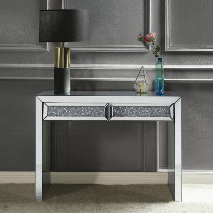 Acme 90505 Nysa glam mirrored U shaped glass top sofa entry hall console table with drawers faux crystals
