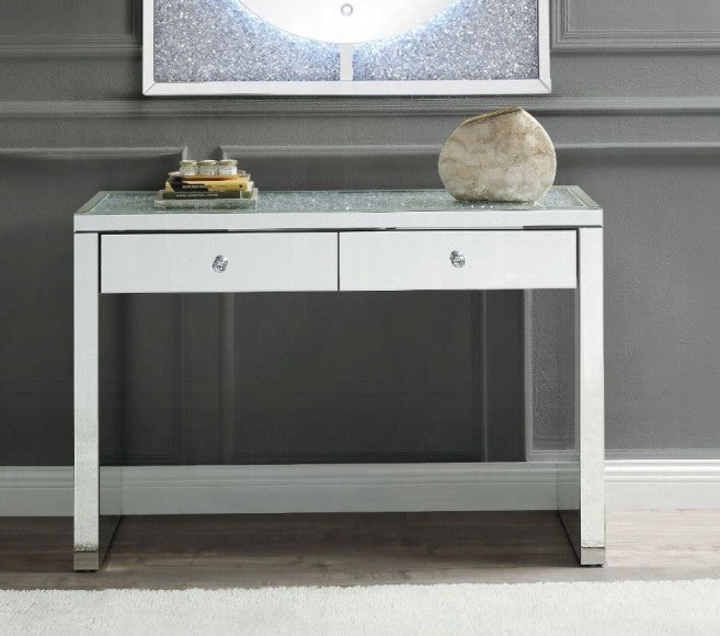 Acme 90507 Nysa glam mirrored U shaped glass top sofa entry hall console table with drawers faux crystals