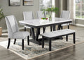 9052-6PC 6 pc Vesper Bridgend black finish wood trestle base white faux marble top dining table set with bench