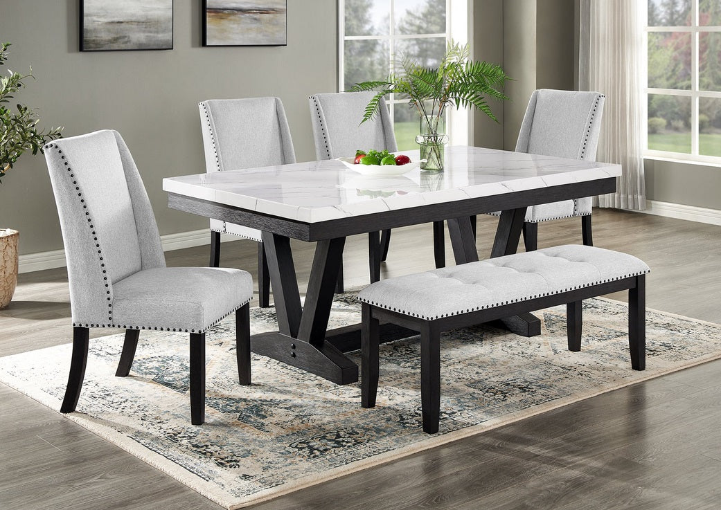 9052-6PC 6 pc Vesper Bridgend black finish wood trestle base white faux marble top dining table set with bench