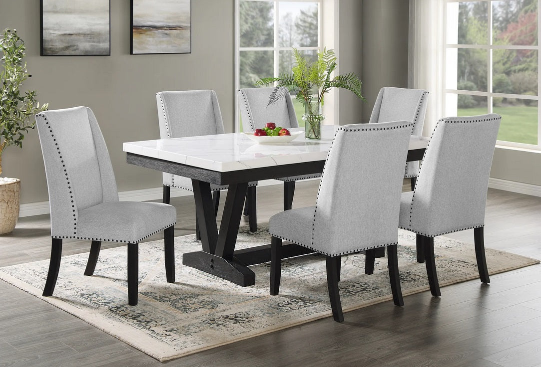 9052-7PC 7 pc Vesper Bridgend black finish wood trestle base white faux marble top dining table set
