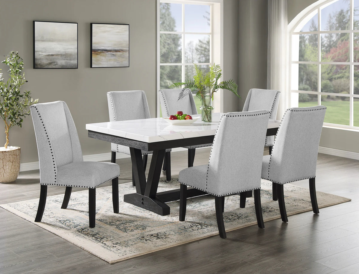 Vesper Bridgend Black Finish Wood 7-Piece Trestle Base White Faux Marble Top Dining Table Set – 9052-7PC