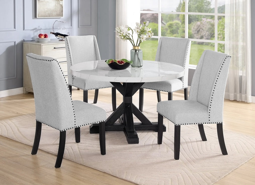 9055-5PC 5 pc Vesper Bridgend black finish wood trestle base 54" round white faux marble top dining table set