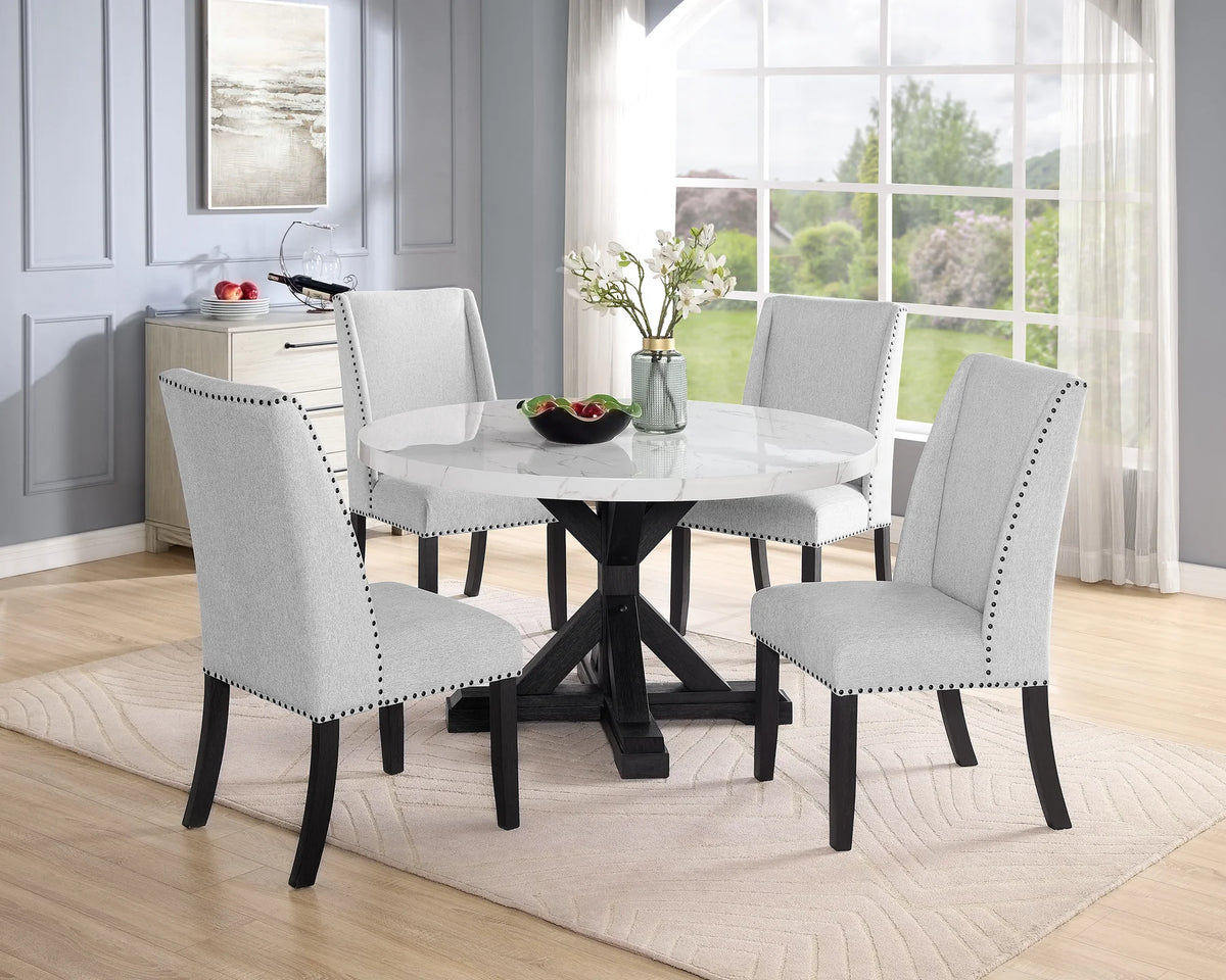 Vesper Bridgend Black Finish Wood 5-Piece Trestle Base 48" Round White Faux Marble Top Dining Table Set – 9055-5PC