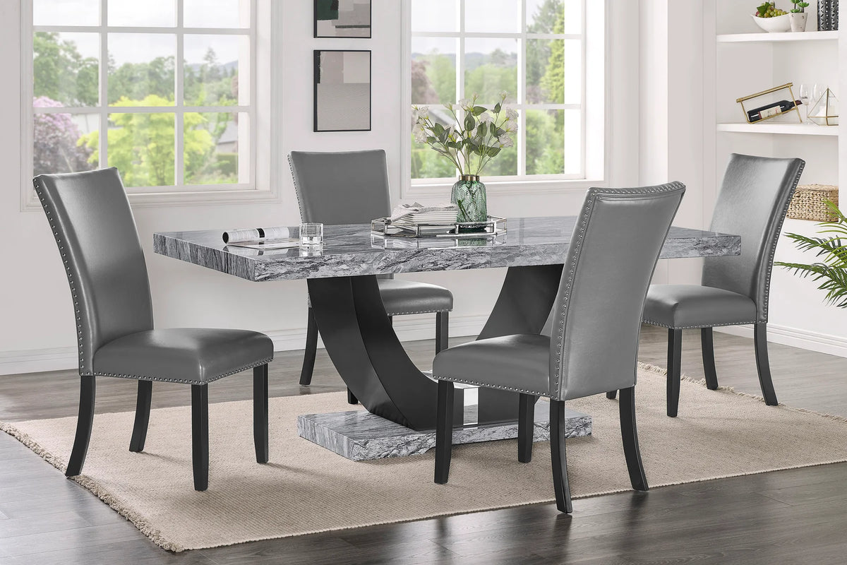 Vesper Black Finish Wood 5-Piece Pedestal Base Grey Faux Marble Top Dining Table Set with Grey Chairs – 9056-GY-5PC
