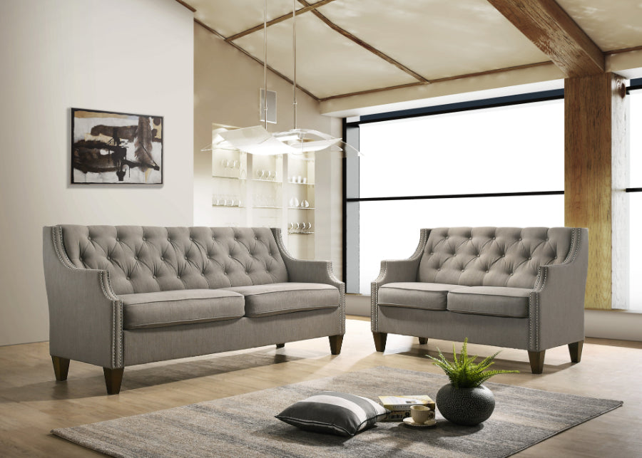 Celine 2-Piece Grey Tufted Linen-Like Fabric Sofa & Loveseat Set with Nail Head Trim - 9102-2PC