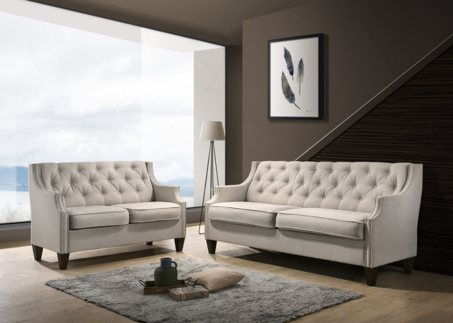 Celine 2-Piece Beige Tufted Linen-Like Fabric Sofa & Loveseat Set with Nail Head Trim - 9103-2PC