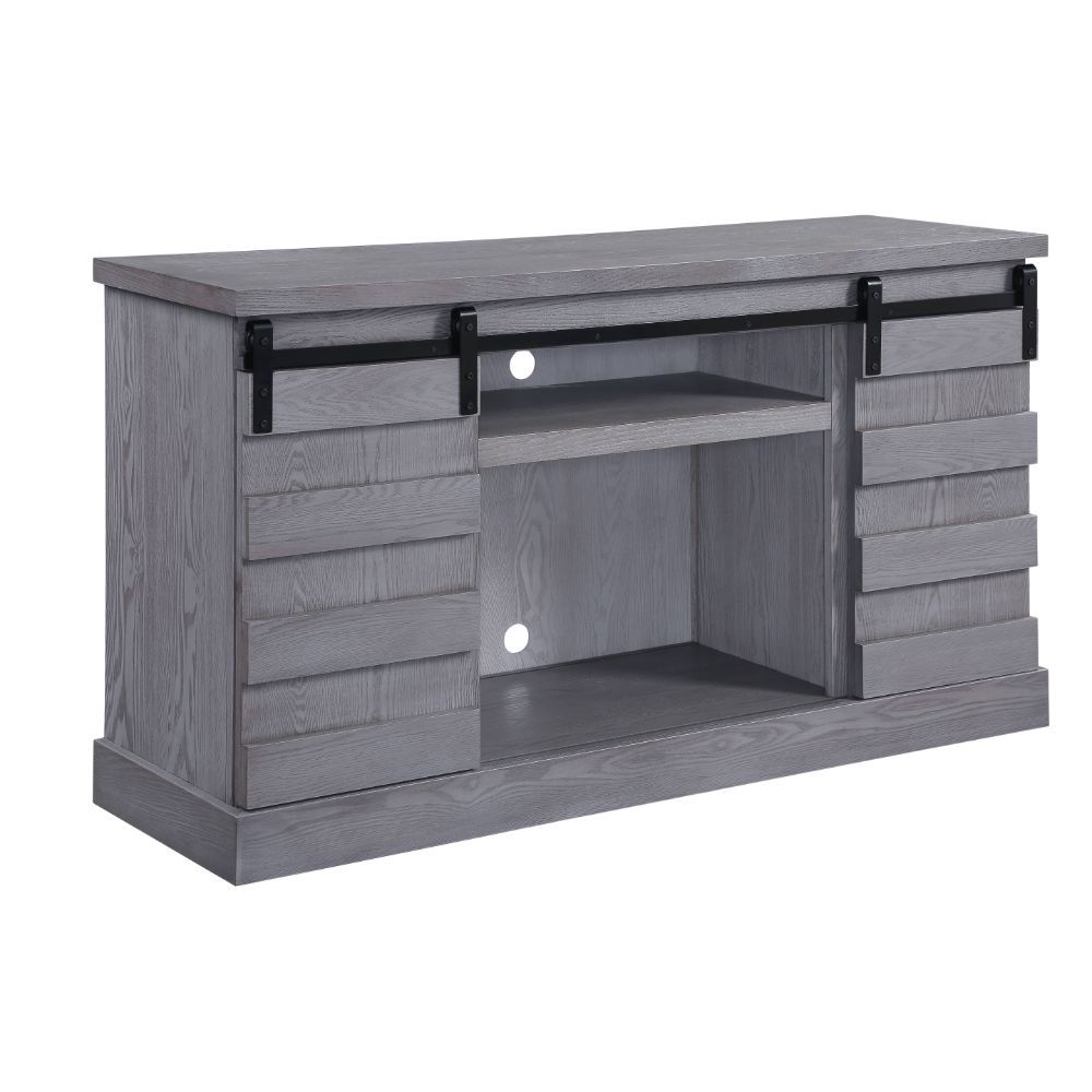Acme 91616 Amrita grand serena grey oak finish wood farmhouse style tv stand with barn door style doors