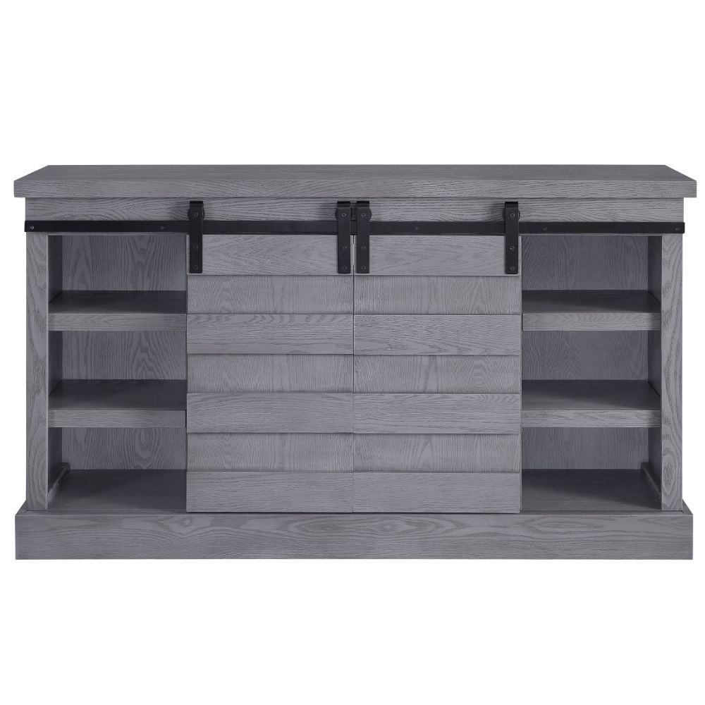 Acme 91616 Amrita grand serena grey oak finish wood farmhouse style tv stand with barn door style doors